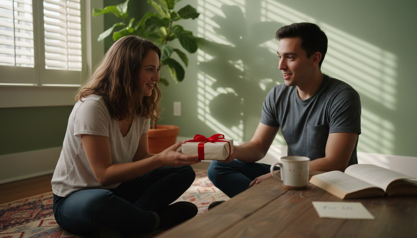 Couple exchanging meaningful romantic gift at home