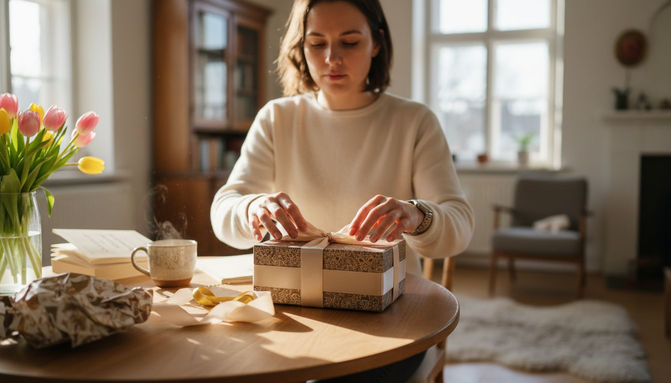 Eine Frau sitzt am Tisch und öffnet eine hübsch verpackte Geschenkbox.