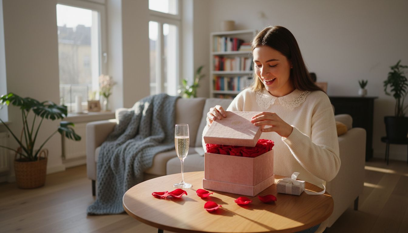Eine Frau öffnet zum Valentinstag eine edle Rosenbox und freut sich über das liebevoll ausgewählte Geschenk.