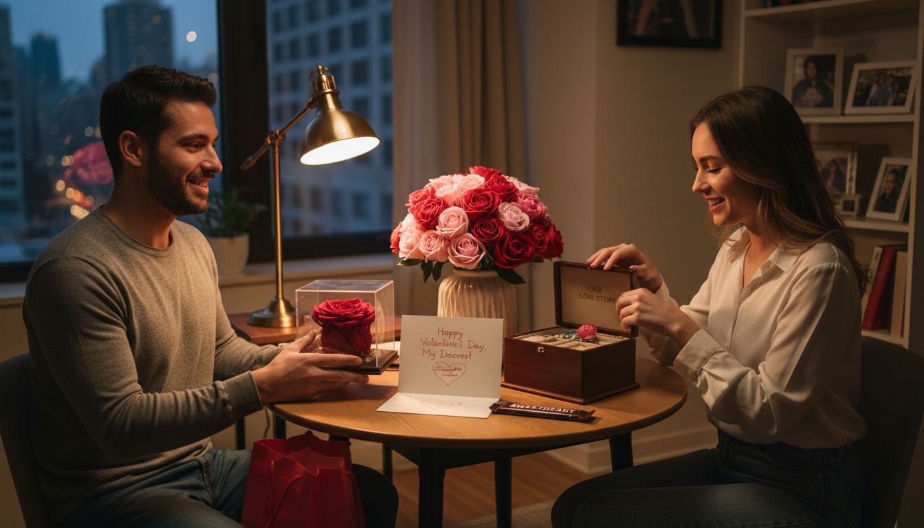 Couple exchanging unique Valentine’s gifts at table