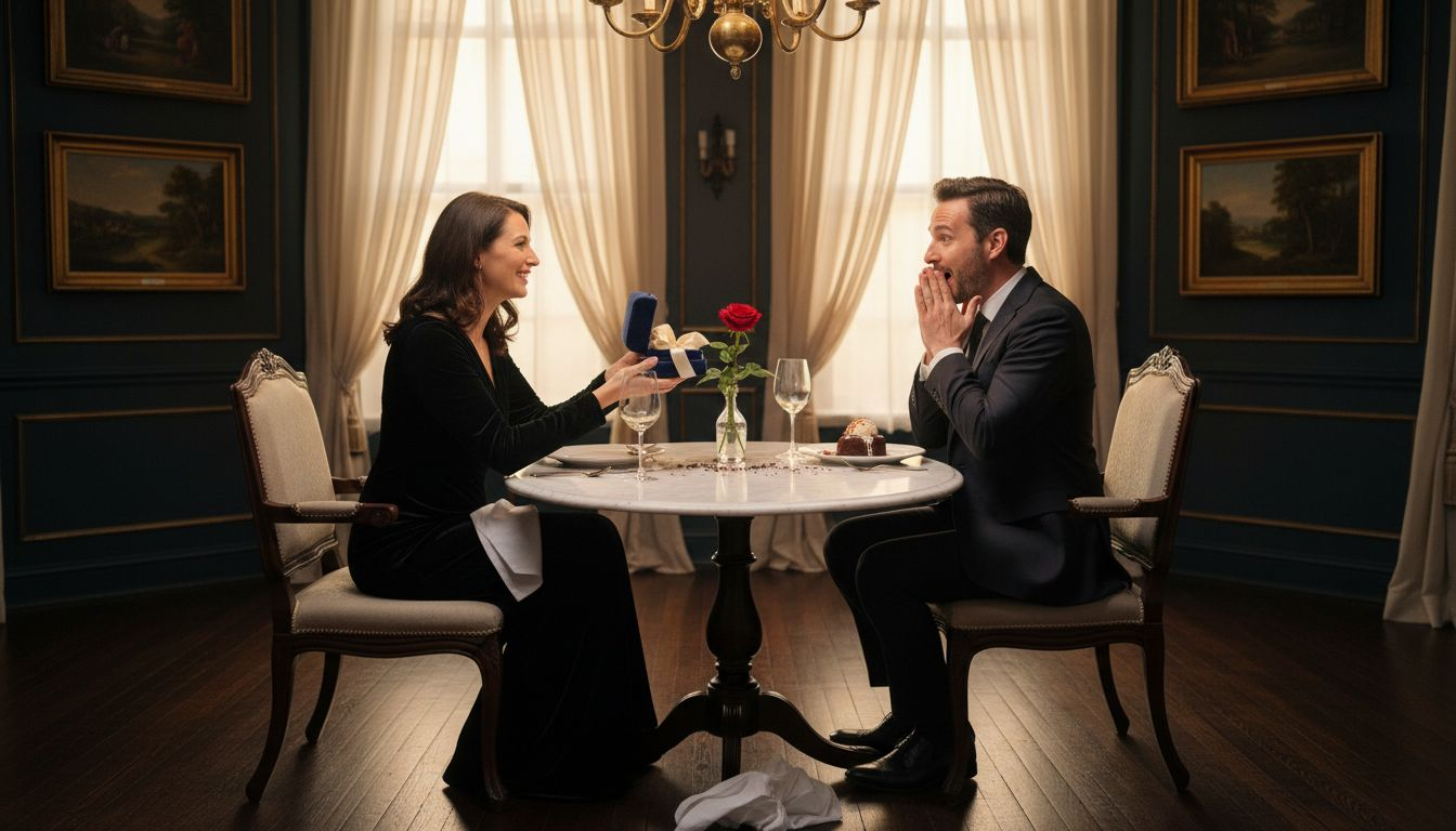 Couple exchanging luxury gift in dining room