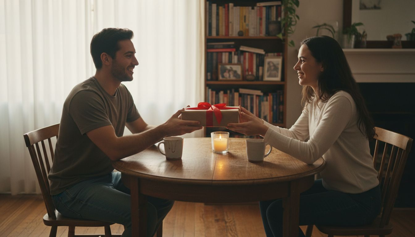 Couple exchanging meaningful romantic gift at home