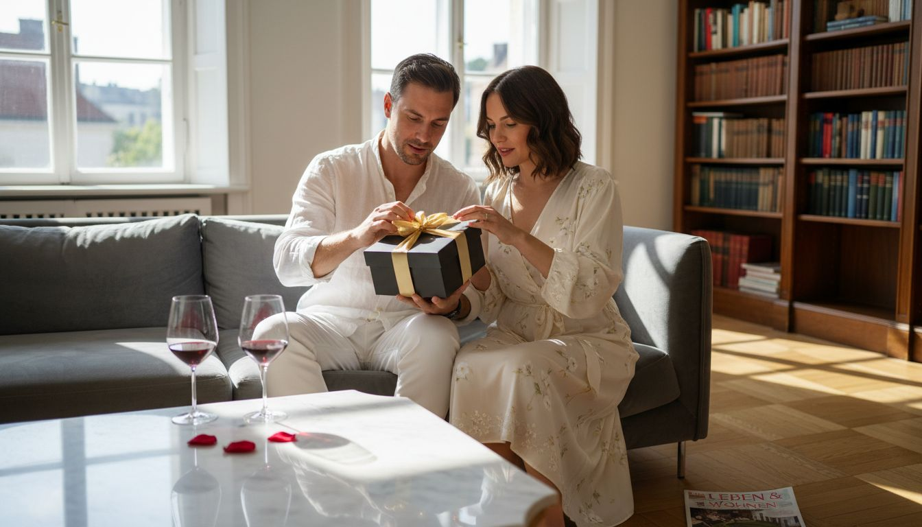 Ein Paar öffnet gemeinsam eine edle Geschenkbox im heimischen Wohnzimmer.