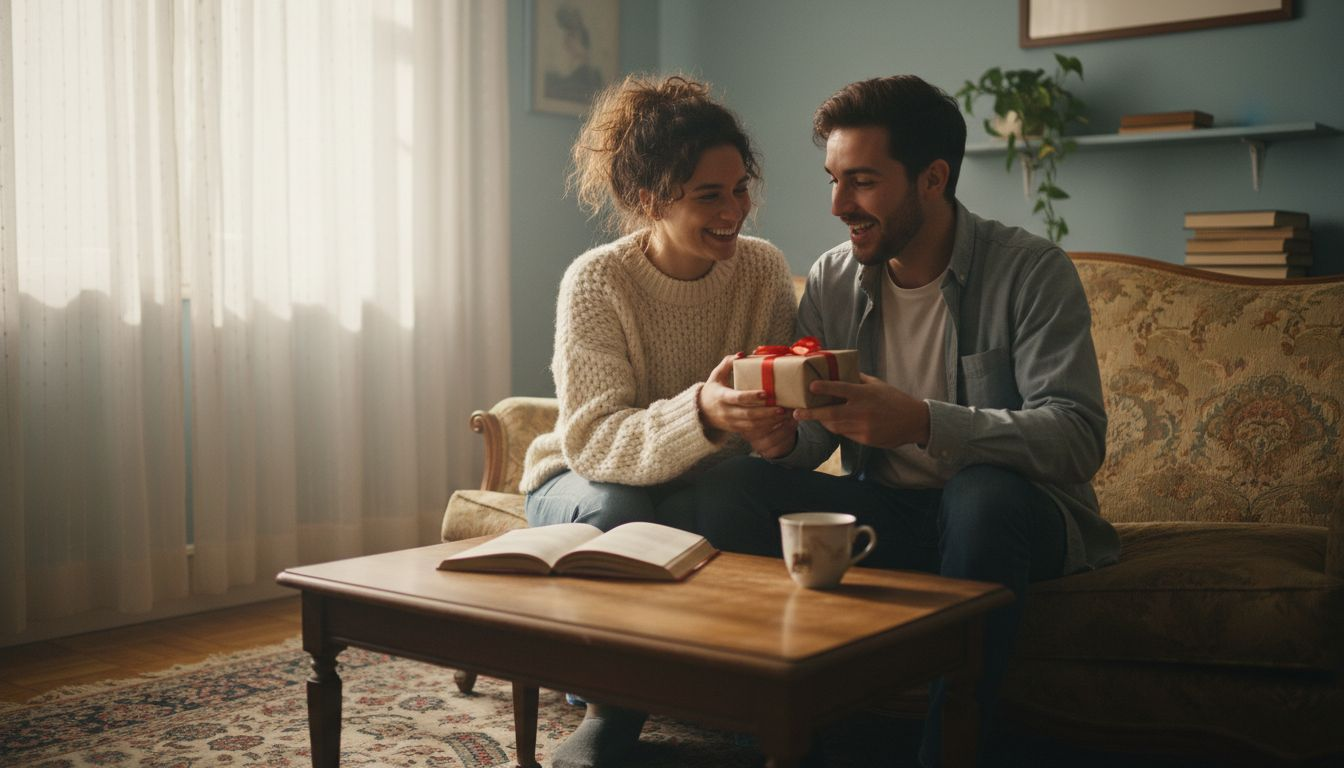 Couple exchanging gifts in cozy sunlit room
