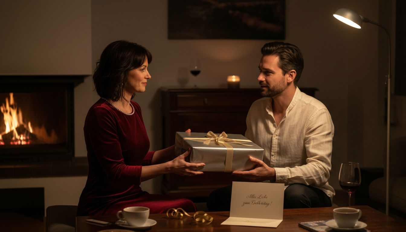 Am Abend überreicht eine Frau im gemütlichen Wohnzimmer ein Geschenk.