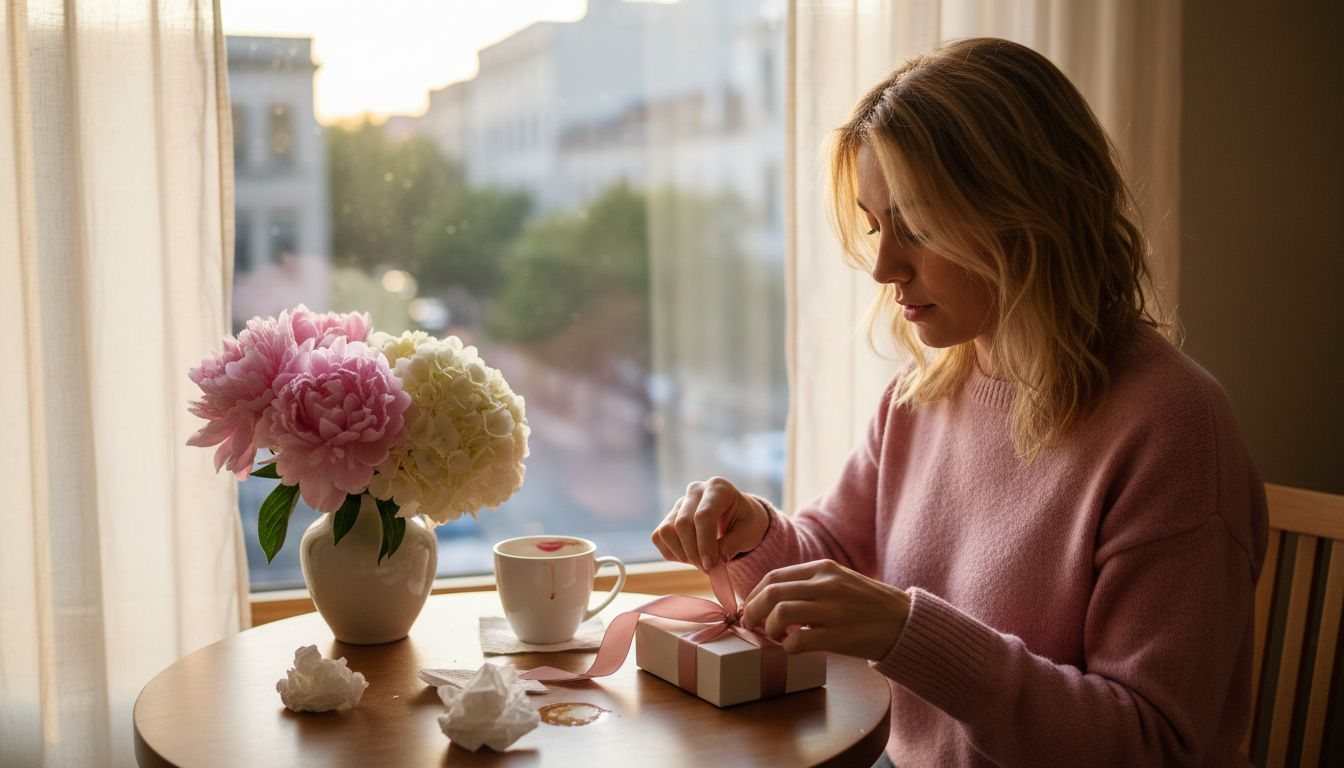 Woman unwrapping romantic gift, cozy apartment