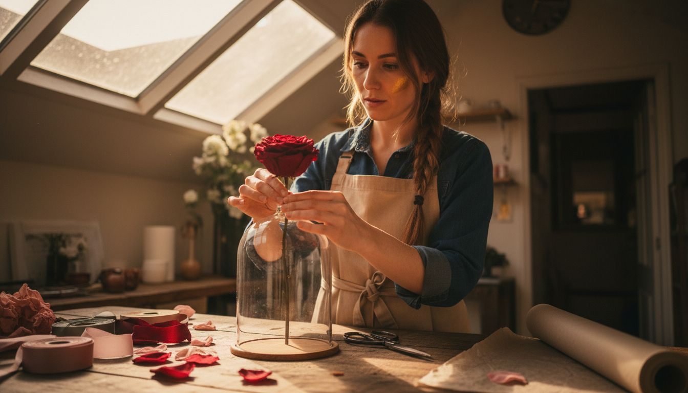 Florist arranges preserved rose under dome