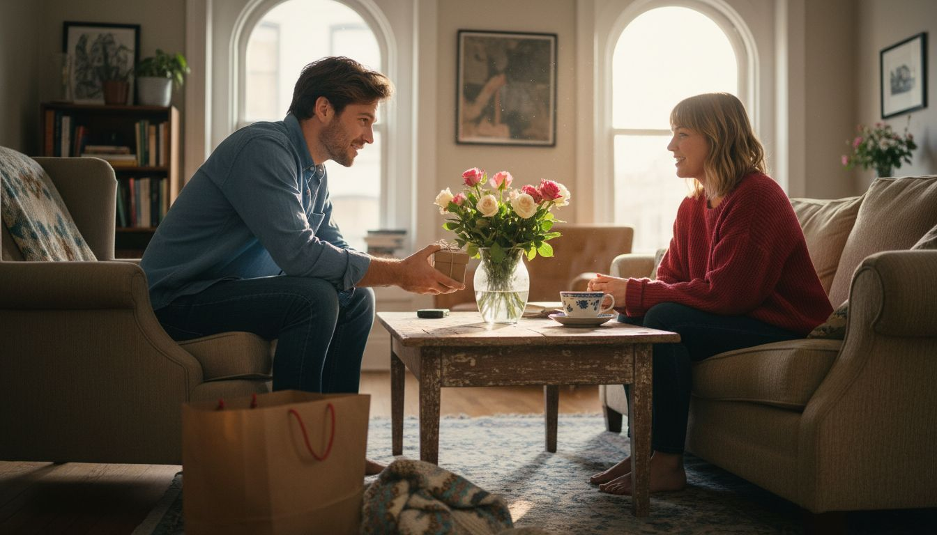 Couple exchanging Valentine’s gift in cozy apartment