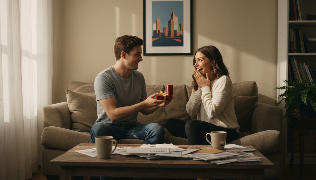 Couple exchanging romantic gift in apartment