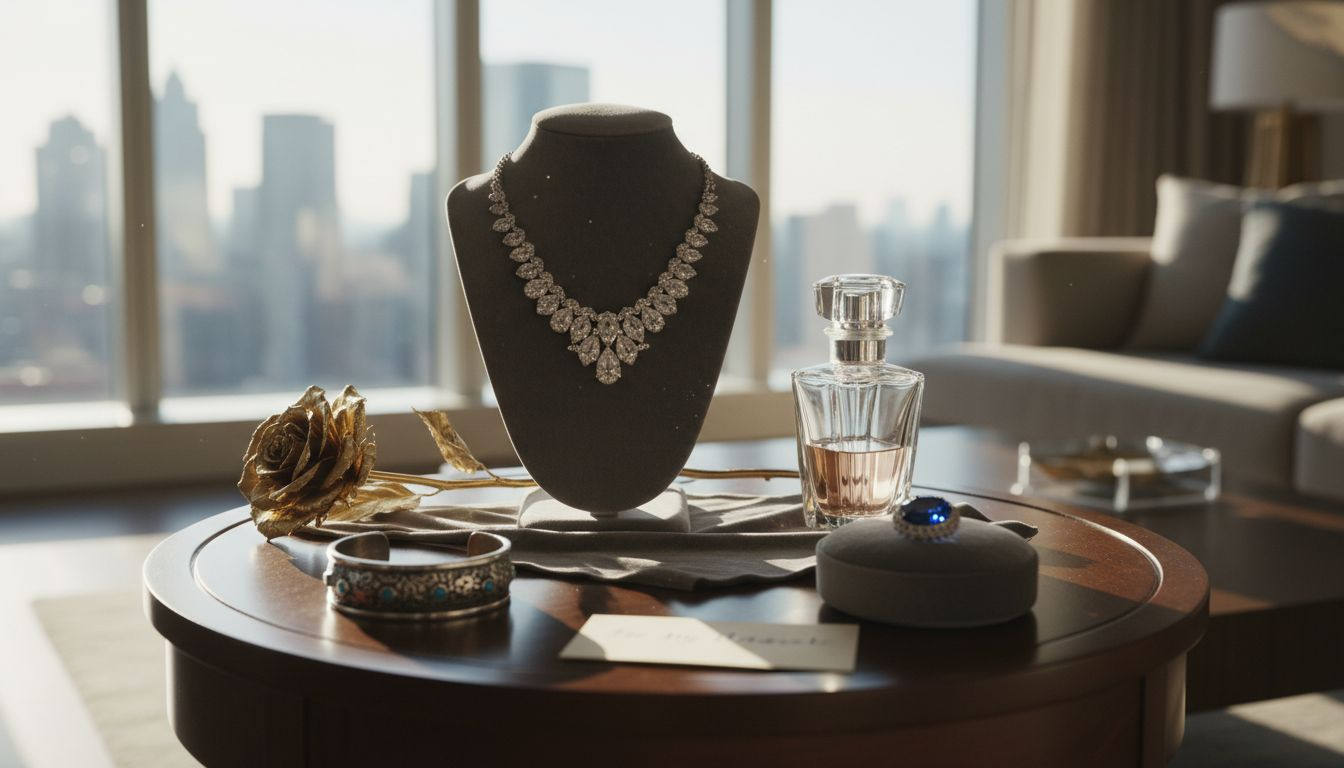 Luxury jewelry gifts displayed in elegant penthouse