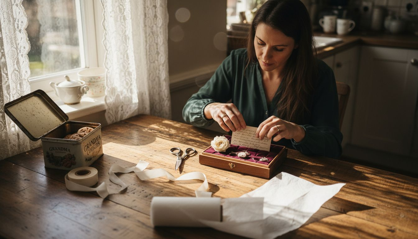 Woman arranging sentimental gifts at table