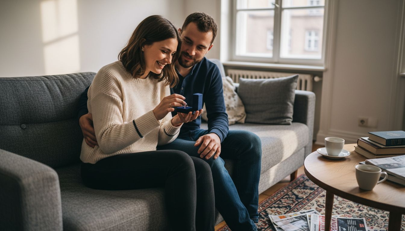 Ein Paar überrascht sich im Wohnzimmer mit Schmuckgeschenken.
