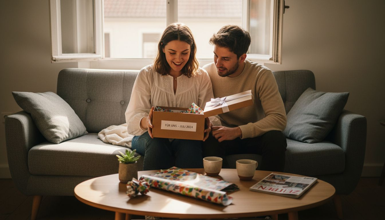 Ein Paar packt gemeinsam ein personalisiertes Geschenk im Wohnzimmer aus.