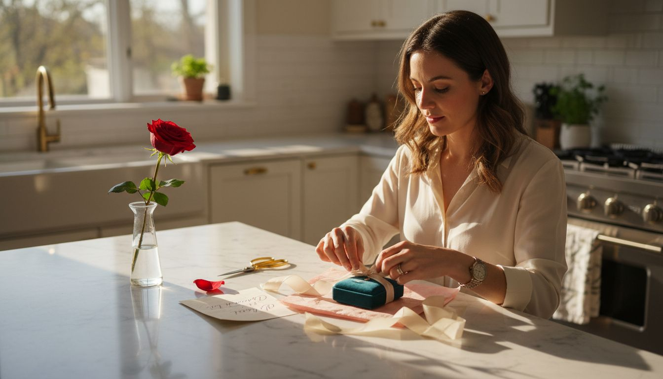 Woman wrapping romantic gift with ribbons and note
