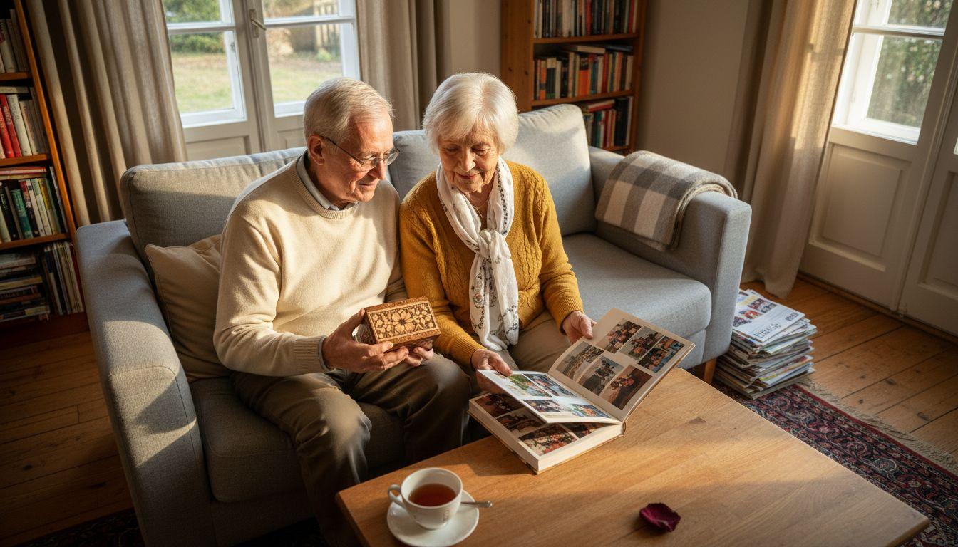 Ein Paar sitzt gemütlich auf dem Sofa und freut sich über ein Geschenk zum Jubiläum.