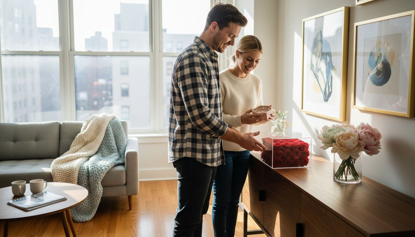 Couple admiring decorative romantic gifts at home