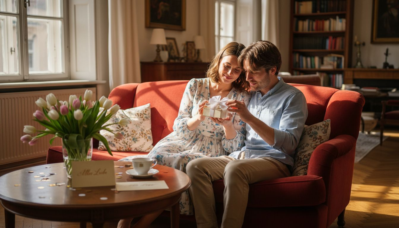 Ein Paar packt gemeinsam ein Valentinstagsgeschenk aus.