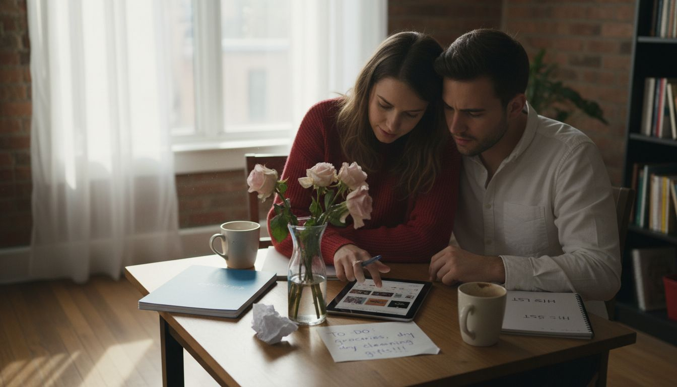 Couple planning Valentine gifts at kitchen table
