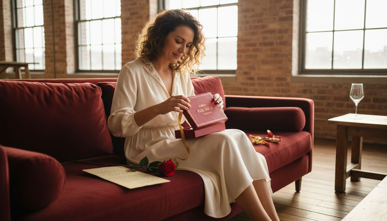 Eine Frau sitzt entspannt auf dem Sofa und packt ein exklusives Geschenk aus.