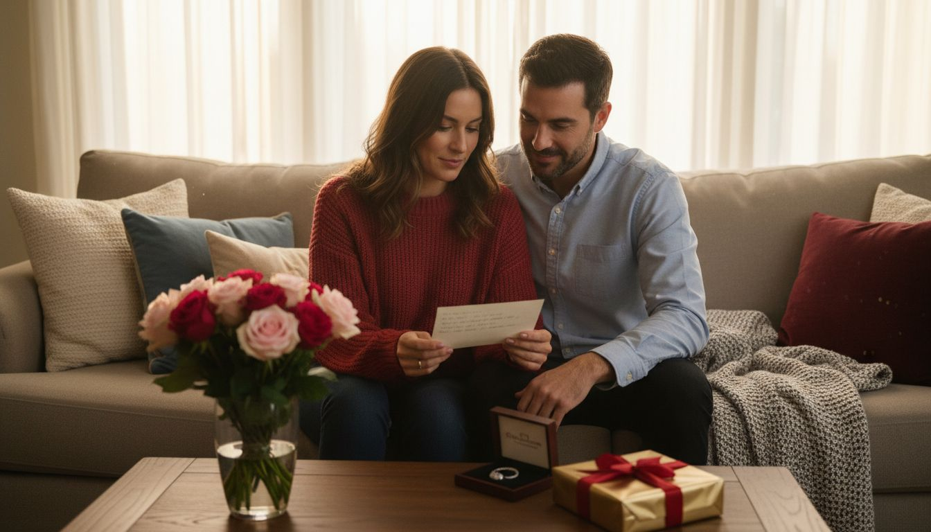 Couple choosing romantic gift together on sofa