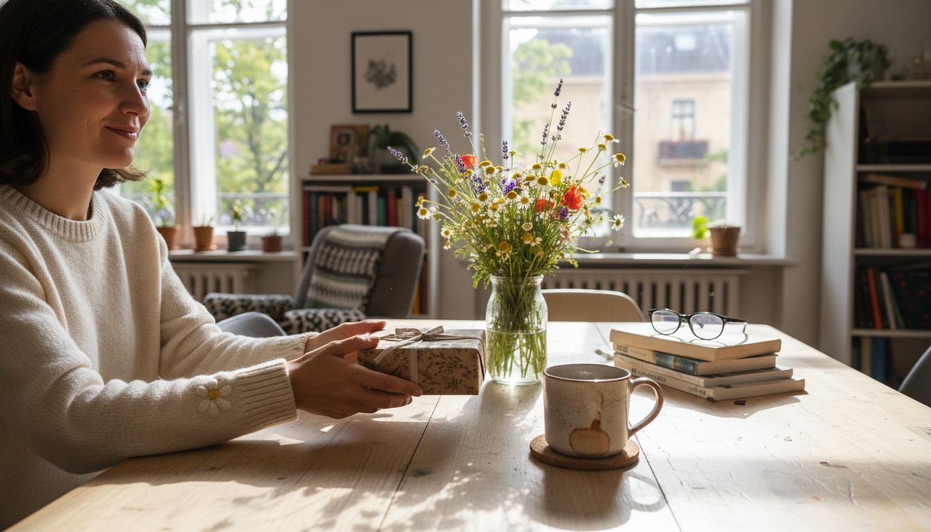 In gemütlicher Wohnzimmeratmosphäre überreicht eine Frau ein edles Geschenk.