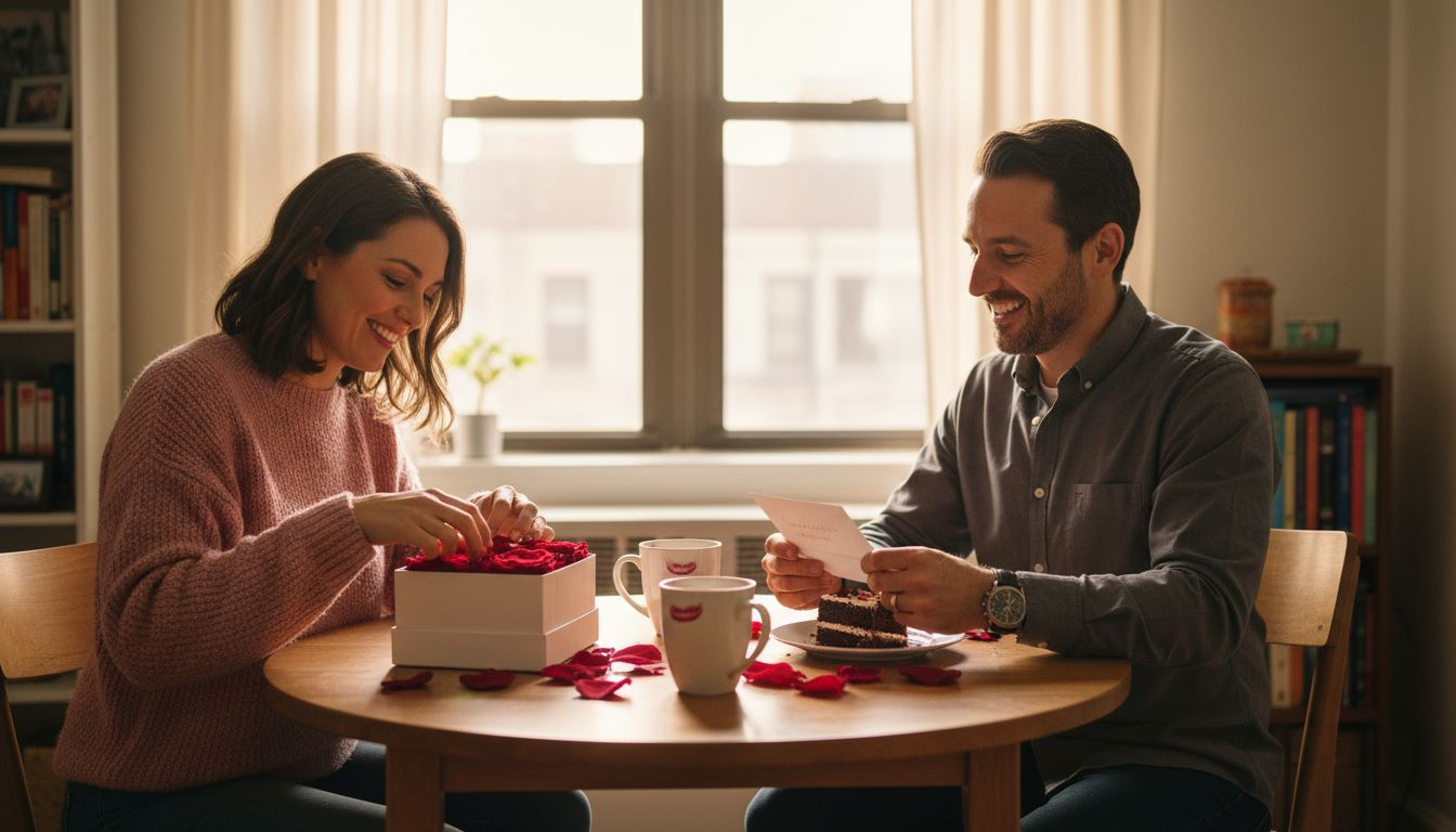 Couple exchanging romantic anniversary gifts at home