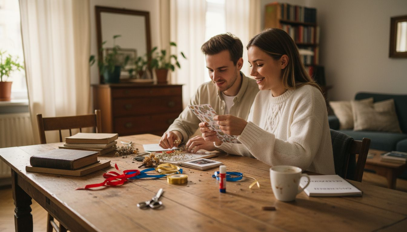 Ein verliebtes Paar sitzt gemeinsam am Tisch und bastelt ein persönliches Geschenk.