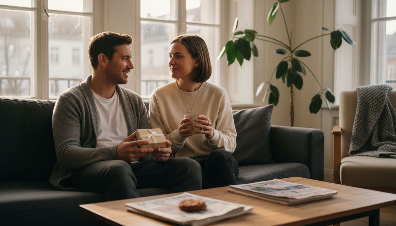 Ein Paar sitzt gemütlich auf dem Sofa und überrascht sich gegenseitig mit einem Zeichen der Verbundenheit.