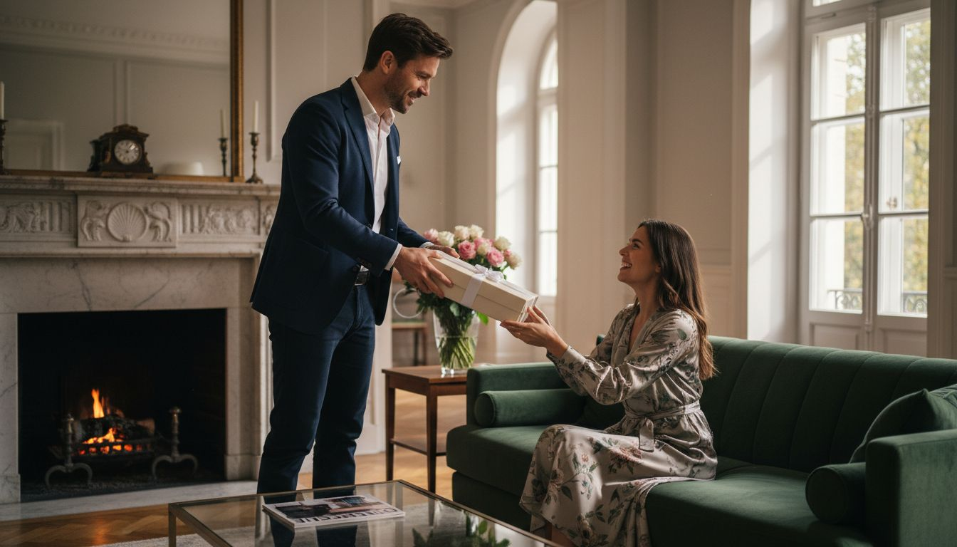 In stilvoller Atmosphäre werden exklusive Geschenke im eleganten Wohnzimmer ausgetauscht.