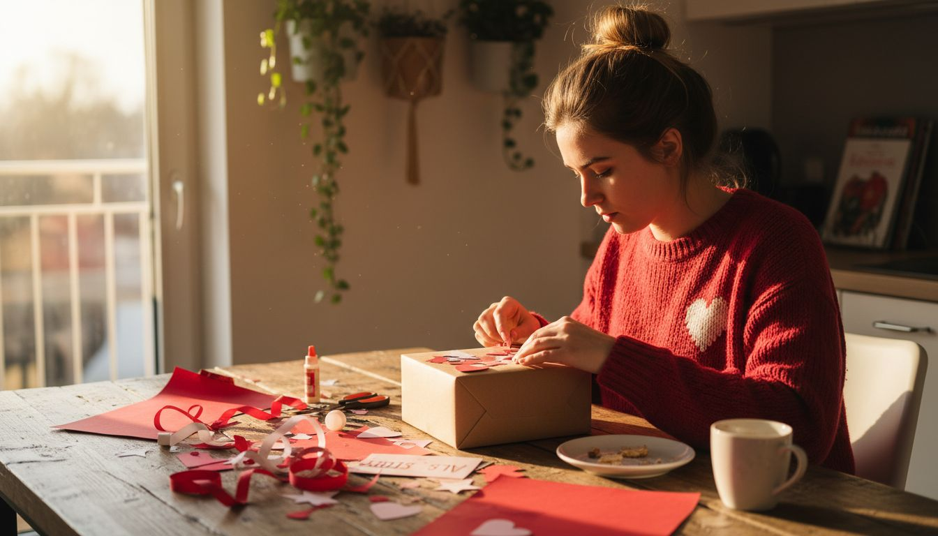 Eine Frau bastelt am Küchentisch ein selbstgemachtes Valentinstagsgeschenk.