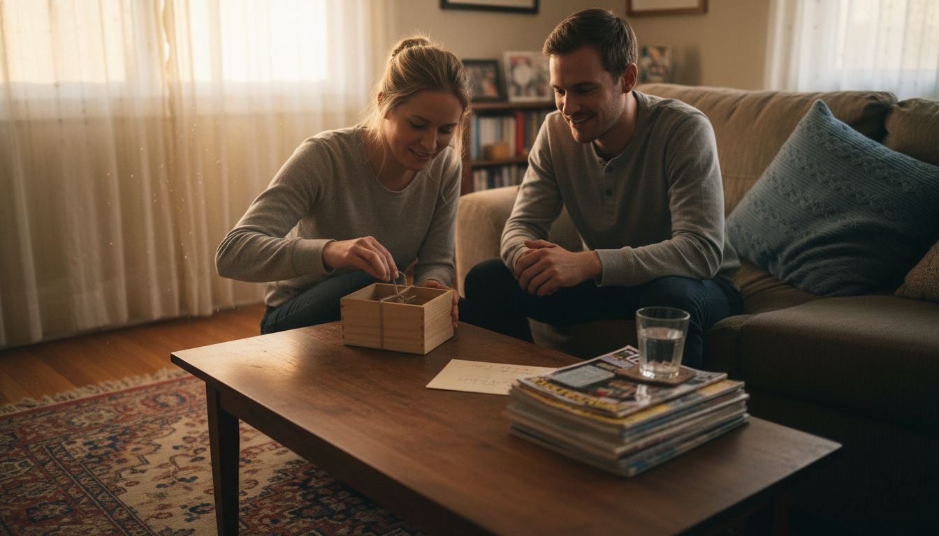 Couple exchanging gifts in cozy living room