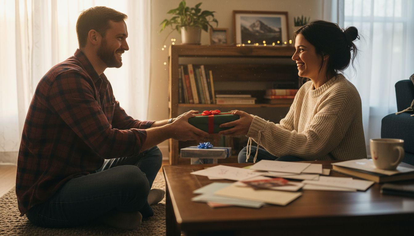Couple exchanging gifts in cozy living room