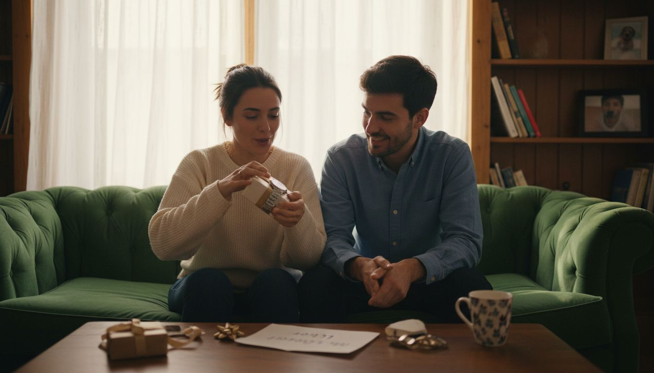 Couple exchanging memorable romantic gifts