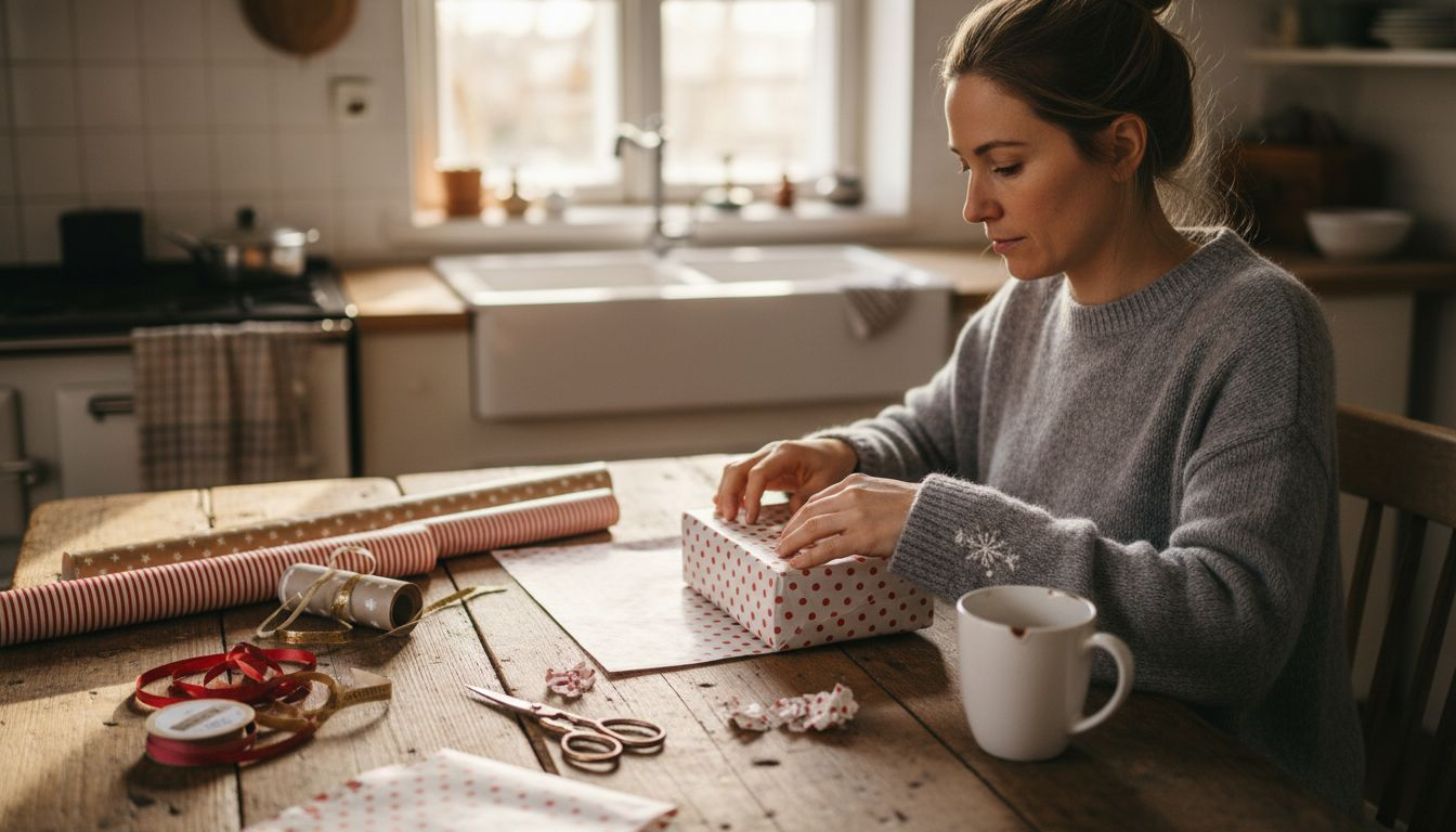 Am Küchentisch verpackt eine Frau mit viel Kreativität ein Geschenk.