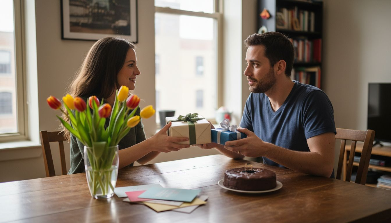 Couple exchanging gifts at dining table