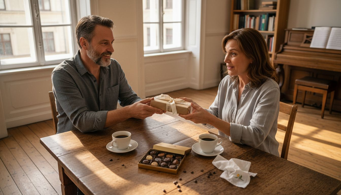 Ein Mann überreicht einer Frau ein ganz persönliches Geschenk zum Jubiläum.