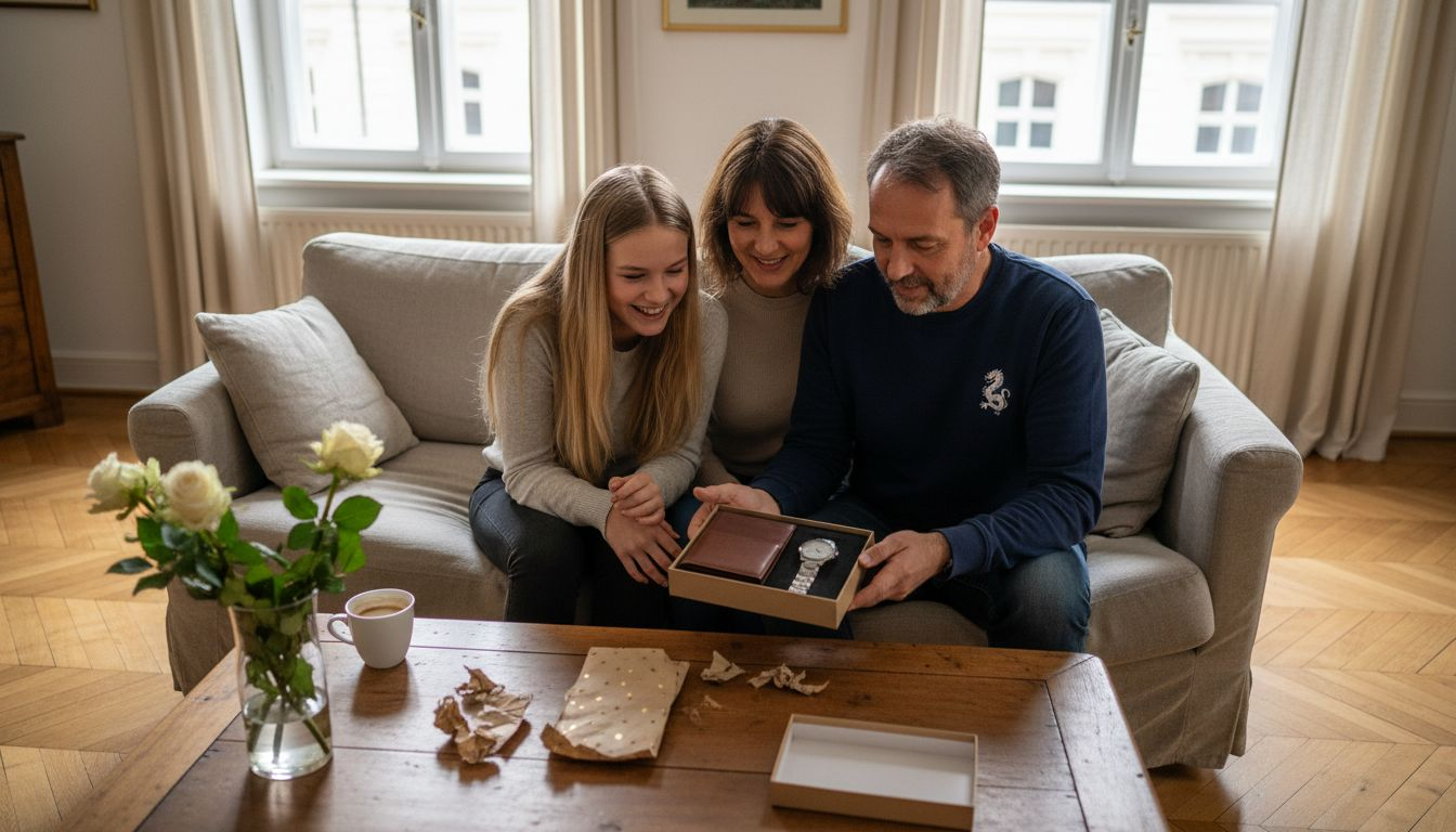 Eine Familie packt gemeinsam ein Geschenkset im Wohnzimmer aus.