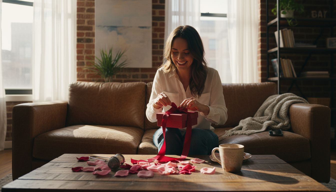 Woman opening romantic gift in cozy apartment