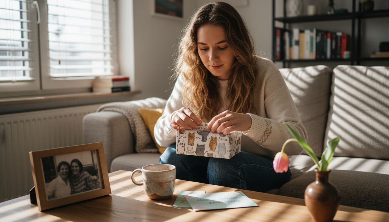 Eine Frau packt im Wohnzimmer ein ganz persönliches Geschenk aus.
