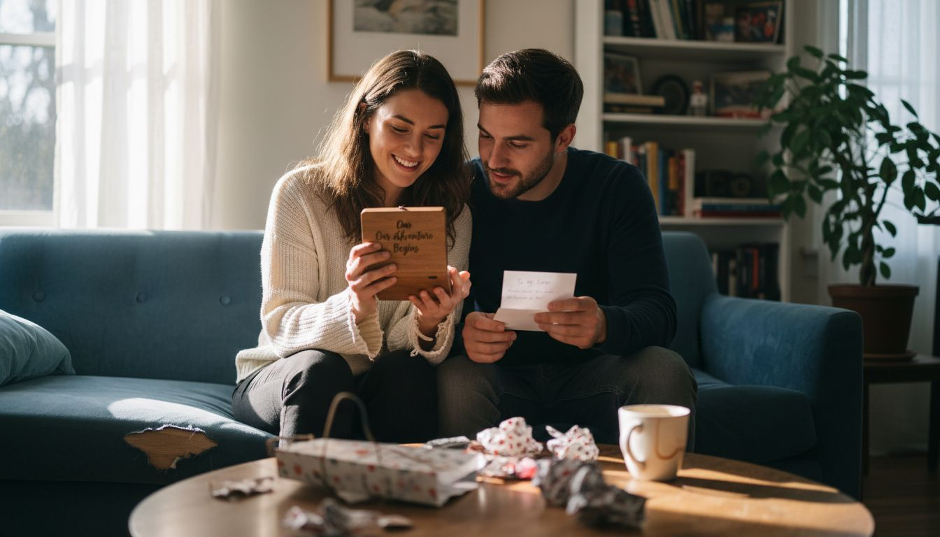 Couple exchanging custom romantic gift on sofa