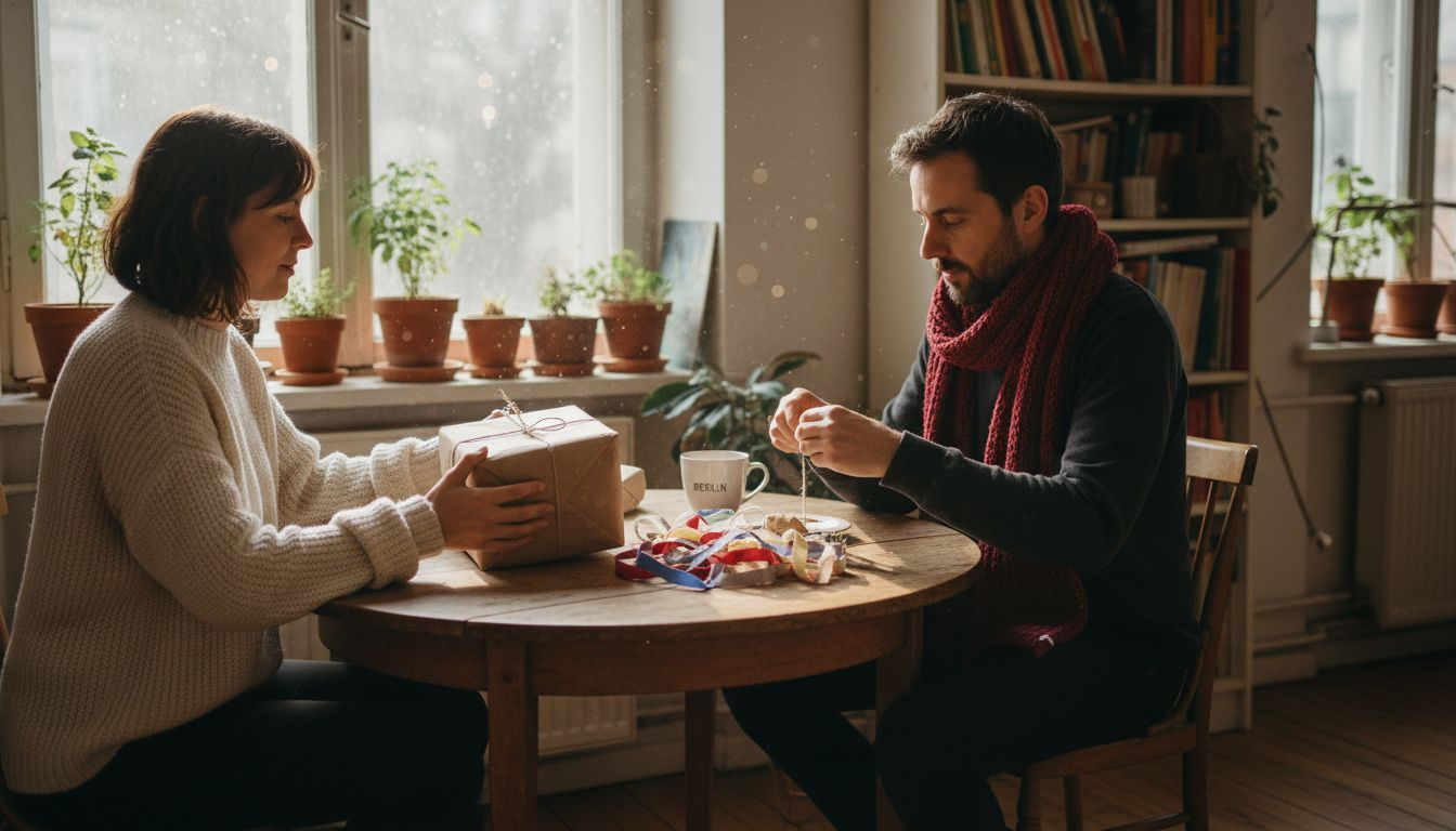 Ein Paar verpackt gemeinsam ein nachhaltiges Valentinstagsgeschenk.