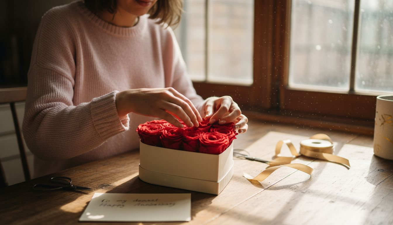 Woman arranging heart-shaped eternal rose bouquet