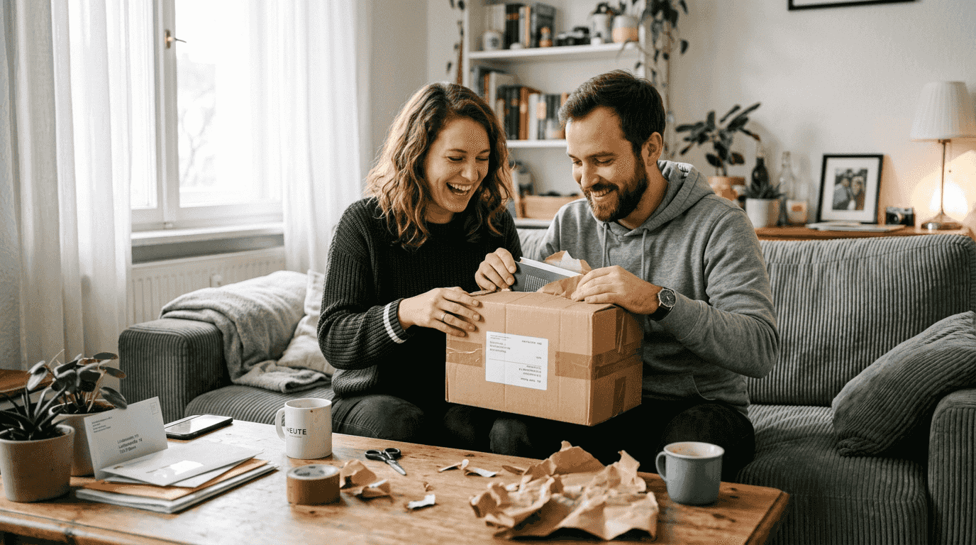 Ein Paar freut sich zu Hause über ein Paket, das blitzschnell geliefert wurde, und packt es gespannt aus.