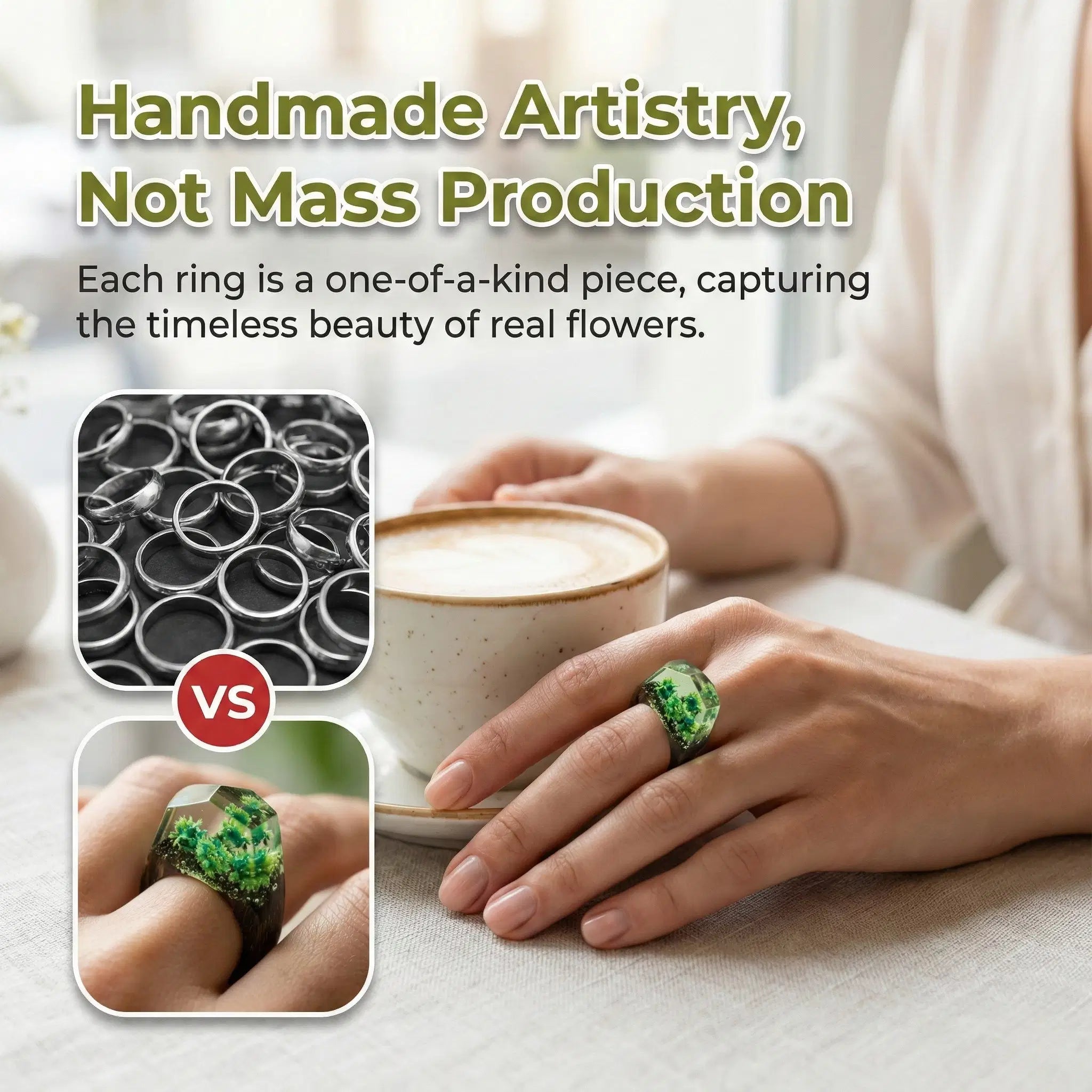 Anello in legno con resina & motivo floreale