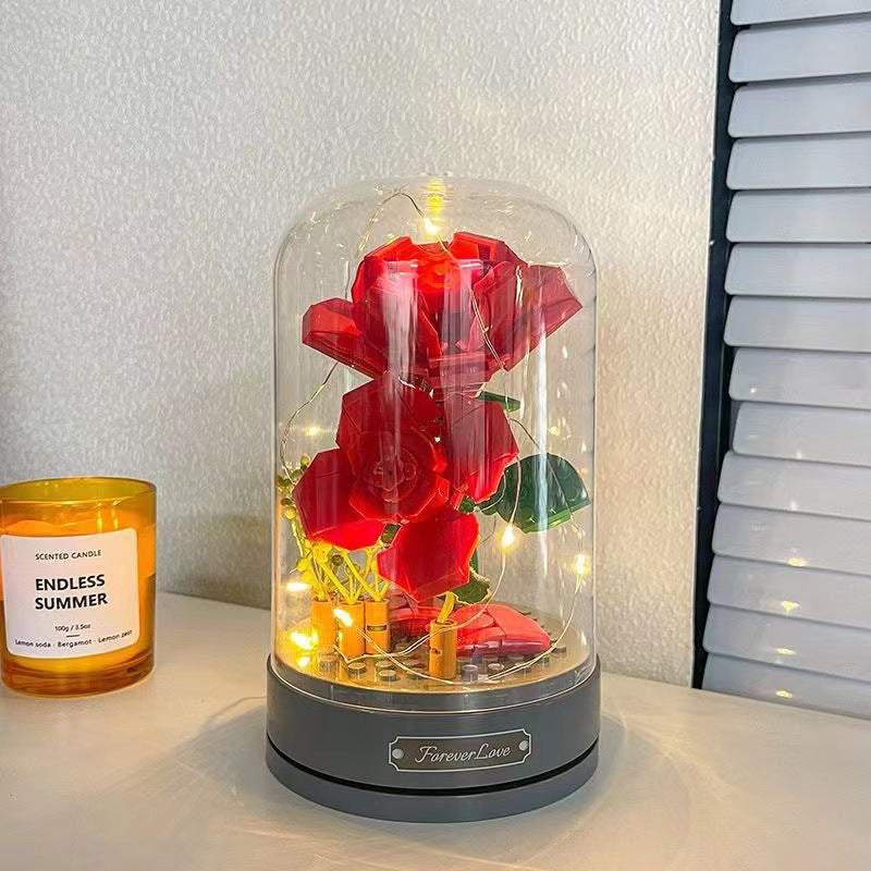 Amorlune Ewige Rosen Musikbox Armband aus Klemmbausteinen, detailreiche handgefertigte Schmuckstück mit Rosenmotiven