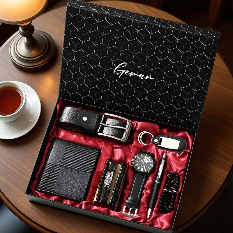 Exklusives 7-teiliges Herren Geschenkset von Amorlune mit Business- und Alltagsaccessoires, stilvoll präsentiert