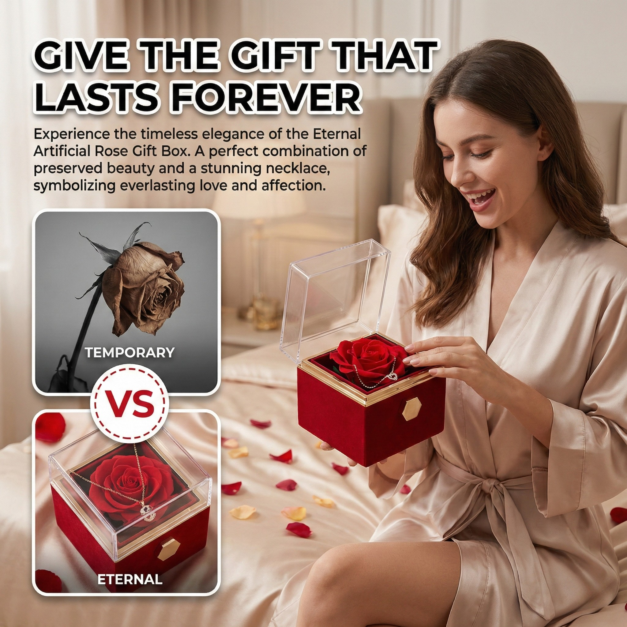 Ewige Kunstrosen Geschenkbox Classic – Geschenkset mit Kette & Rosenbox