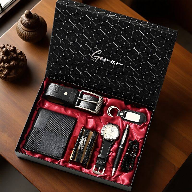 Exklusives 7-teiliges Herren Geschenkset von Amorlune mit eleganten Accessoires für Business und Alltag, auf weißem Hintergrund.