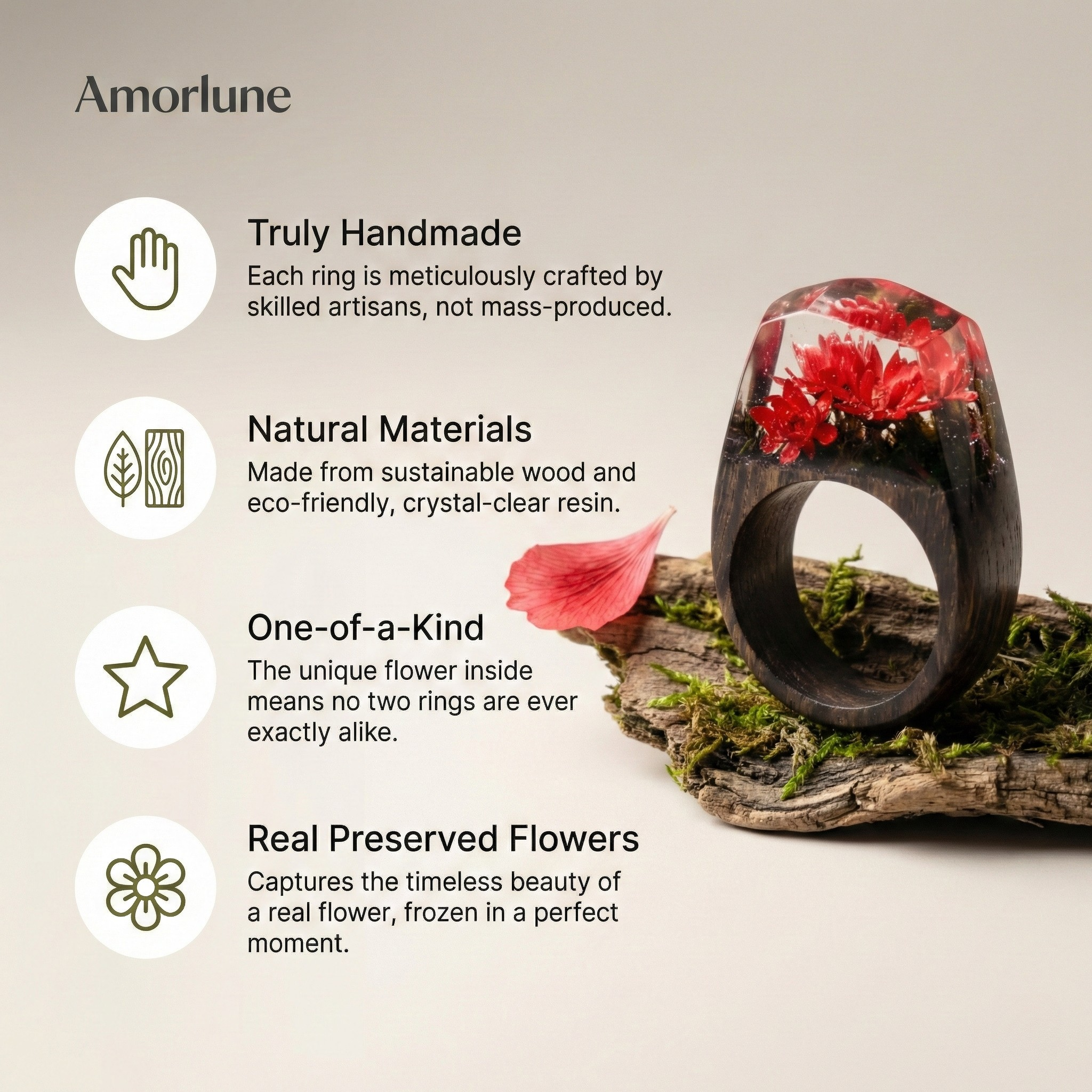 Holzring mit Harz & Blumenmotiv