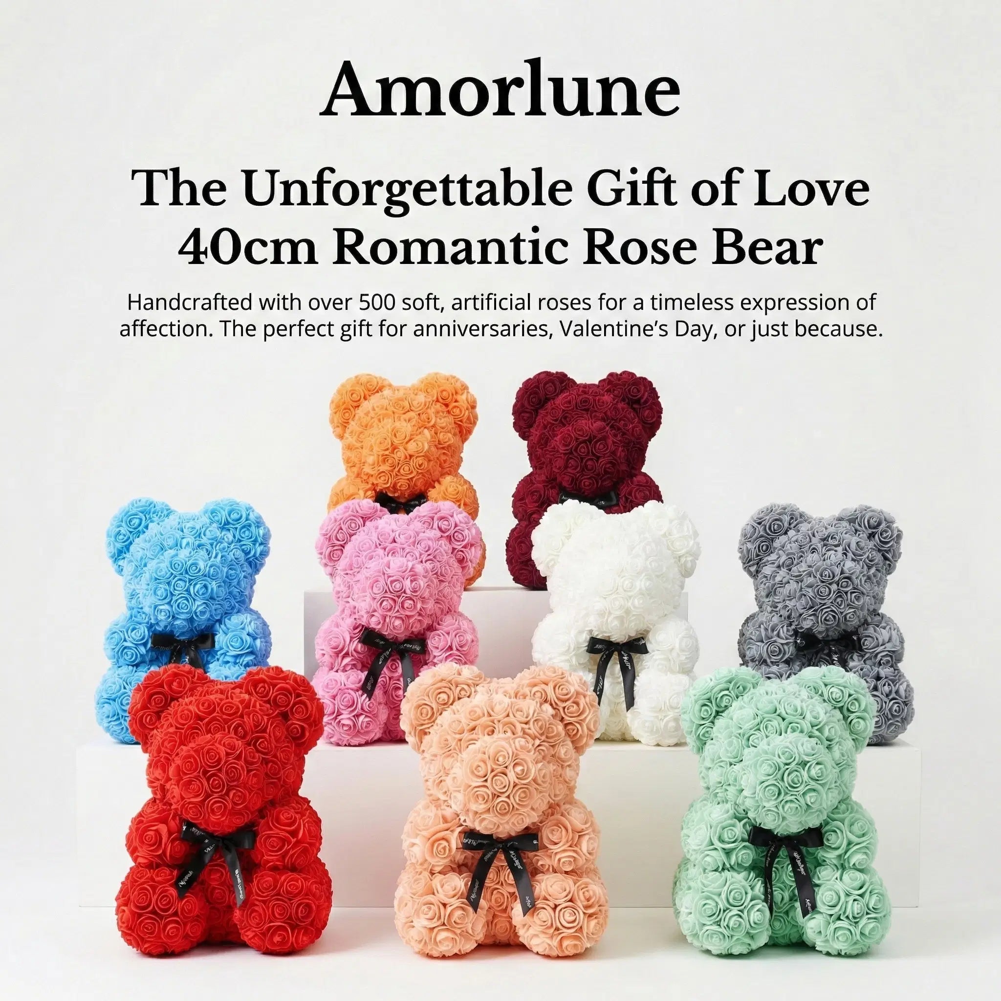 Romantischer Rosenbär von Amorlune, 40 cm, aus Kunstrosen, detailreiche rote Rosenbärenfigur, ideal für romantische Dekorationen